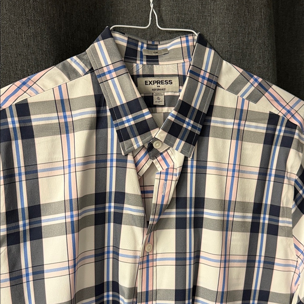 Express Men's Casual Plaid Shirt - Navy, Pink, White